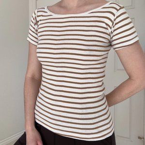 Edith A. Miller Barney's Co-op Cream and Brown Striped T-shirt, 100% Cotton, SM.